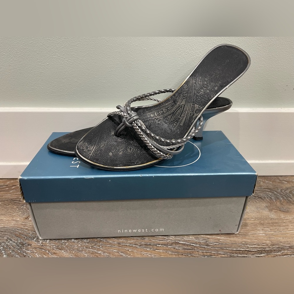Nine West Black and Silver Patterned Strapy Heels, 2.25”, Aldani Style